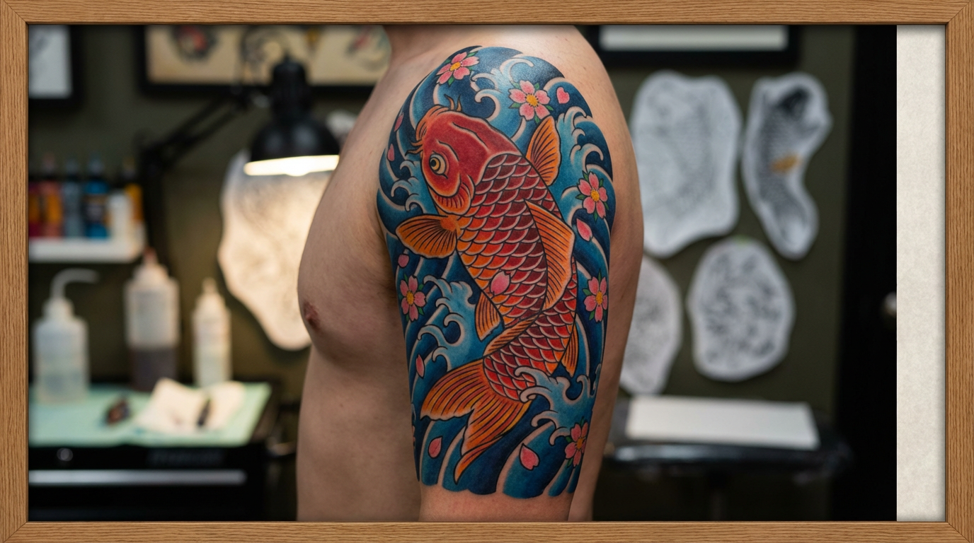 Japanese traditional koi fish tattoo design with cherry blossoms and waves, vibrant irezumi style