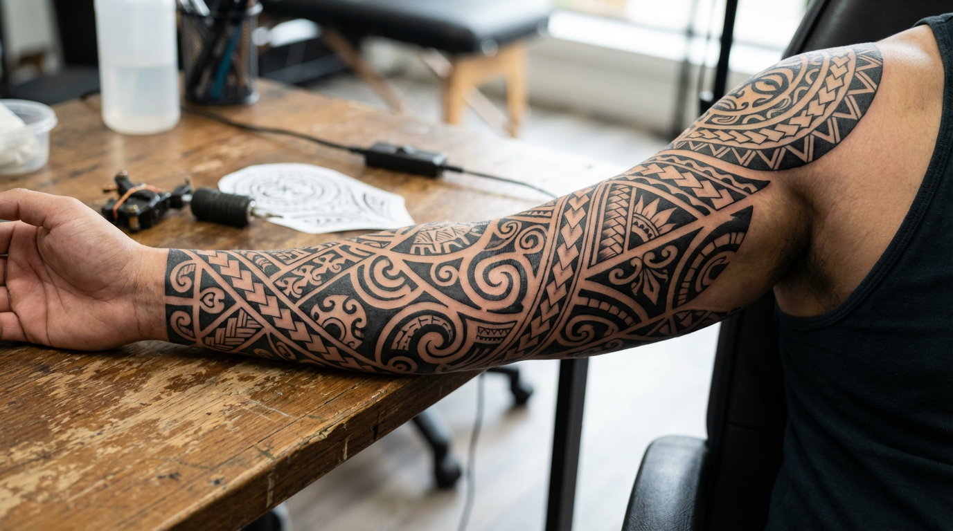 Tribal tattoo sleeve design with intricate Polynesian patterns and symbols, bold black ink