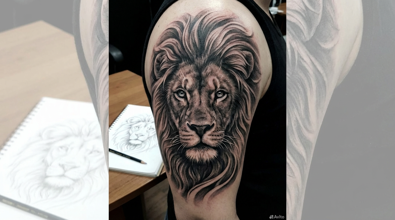 Realistic lion portrait tattoo design with detailed mane, photorealistic black and grey style