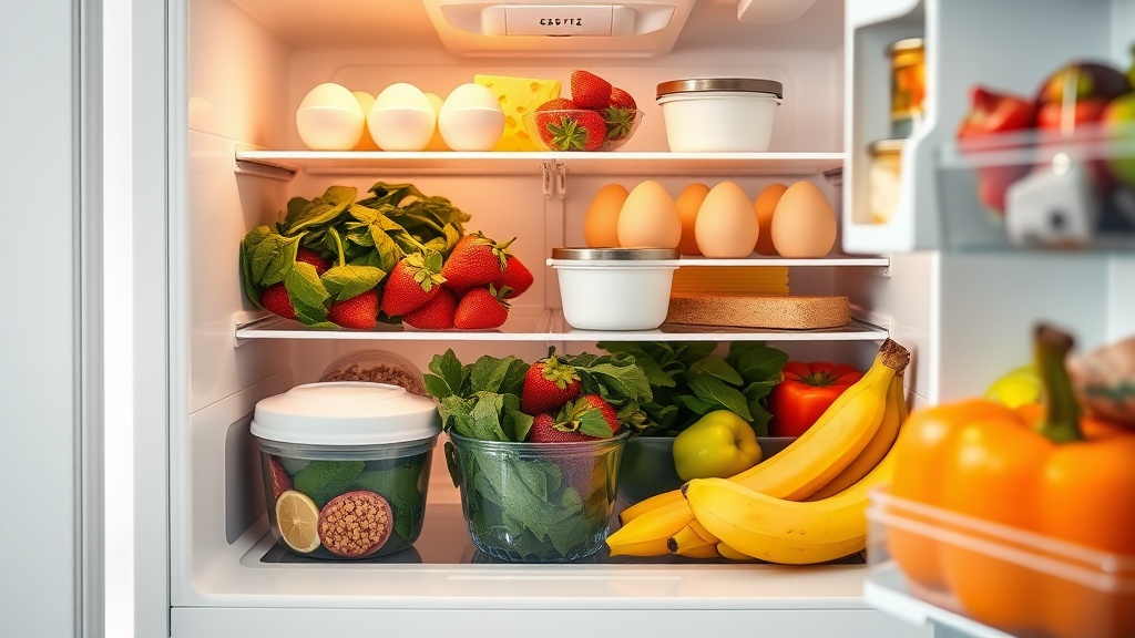 Open refrigerator filled with colorful pregnancy-safe foods like eggs, yogurt, spinach, cheese, fruits and vegetables