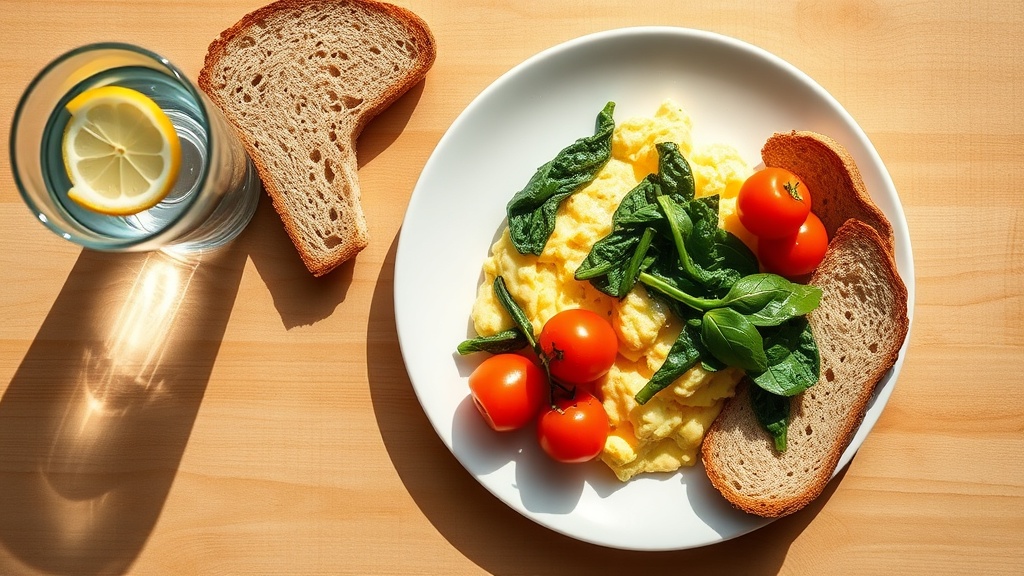 Overhead view of a quick pregnancy-safe meal: scrambled eggs with spinach, cherry tomatoes, and whole grain toast