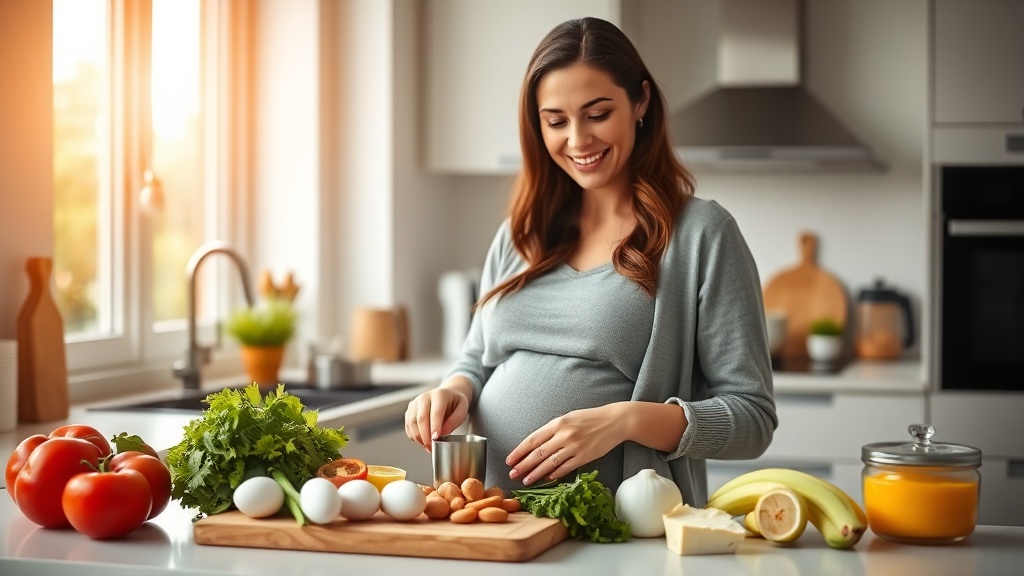 Pregnant woman in a cozy kitchen quickly assembling a simple meal from fridge ingredients