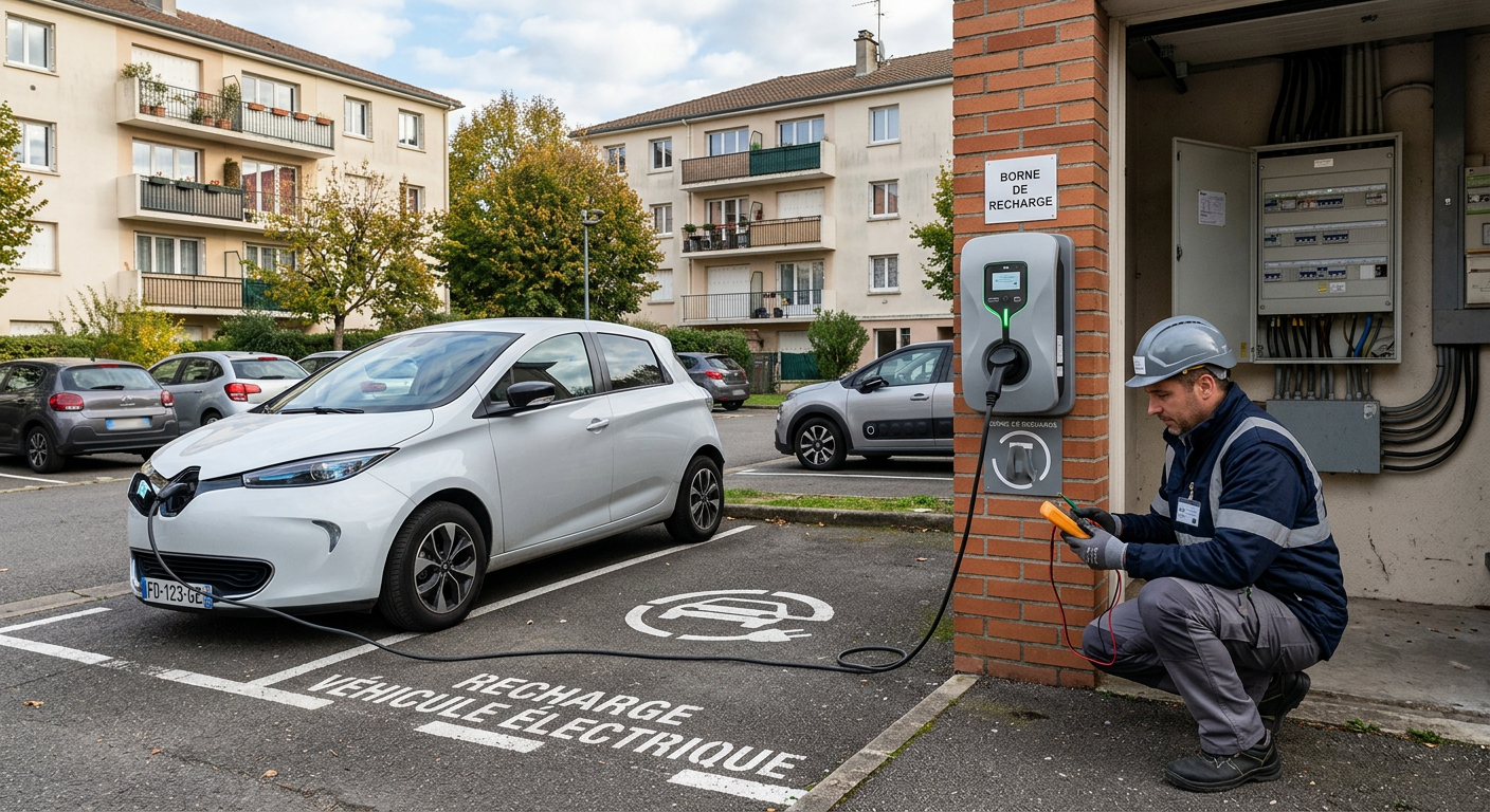 Borne de recharge électrique en fonctionnement dans un parking collectif avec un installateur IRVE effectuant un contrôle de conformité