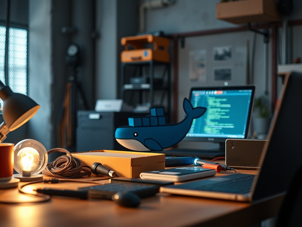 Illustration of a person setting up Docker containers for self-hosted home server setup