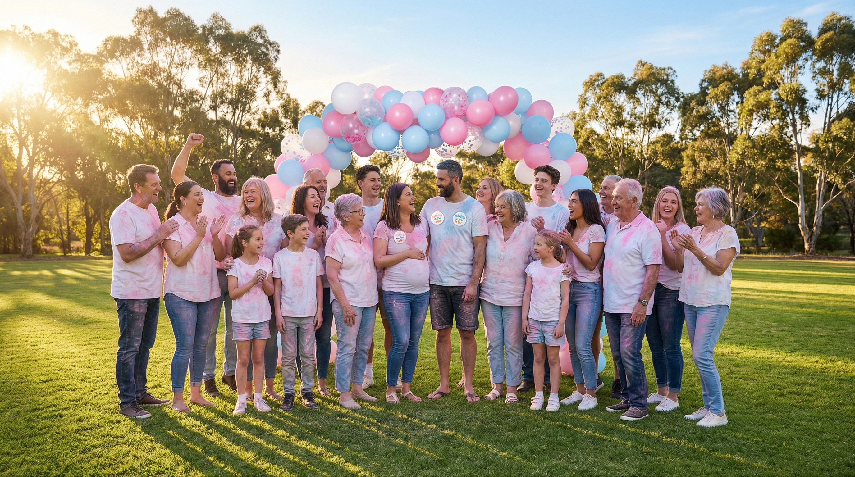 Australian family group photo after successful gender reveal celebration with pink powder residue