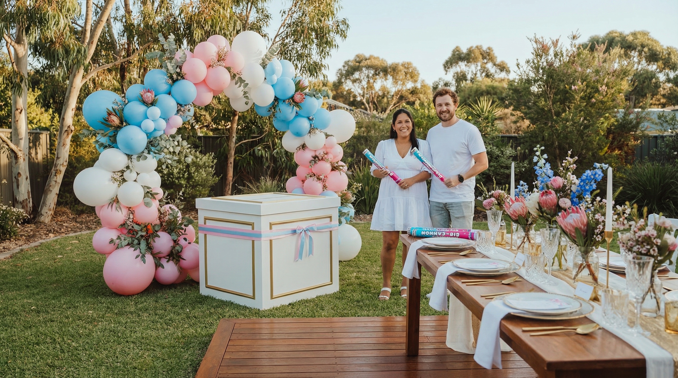 Elegant balloon box gender reveal setup in Australian backyard with decorative party styling