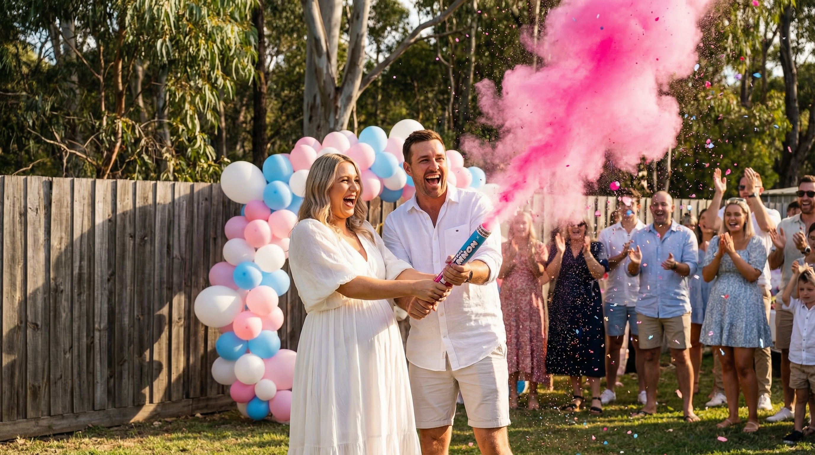 Australian couple celebrating gender reveal with pink powder explosion in backyard party setting