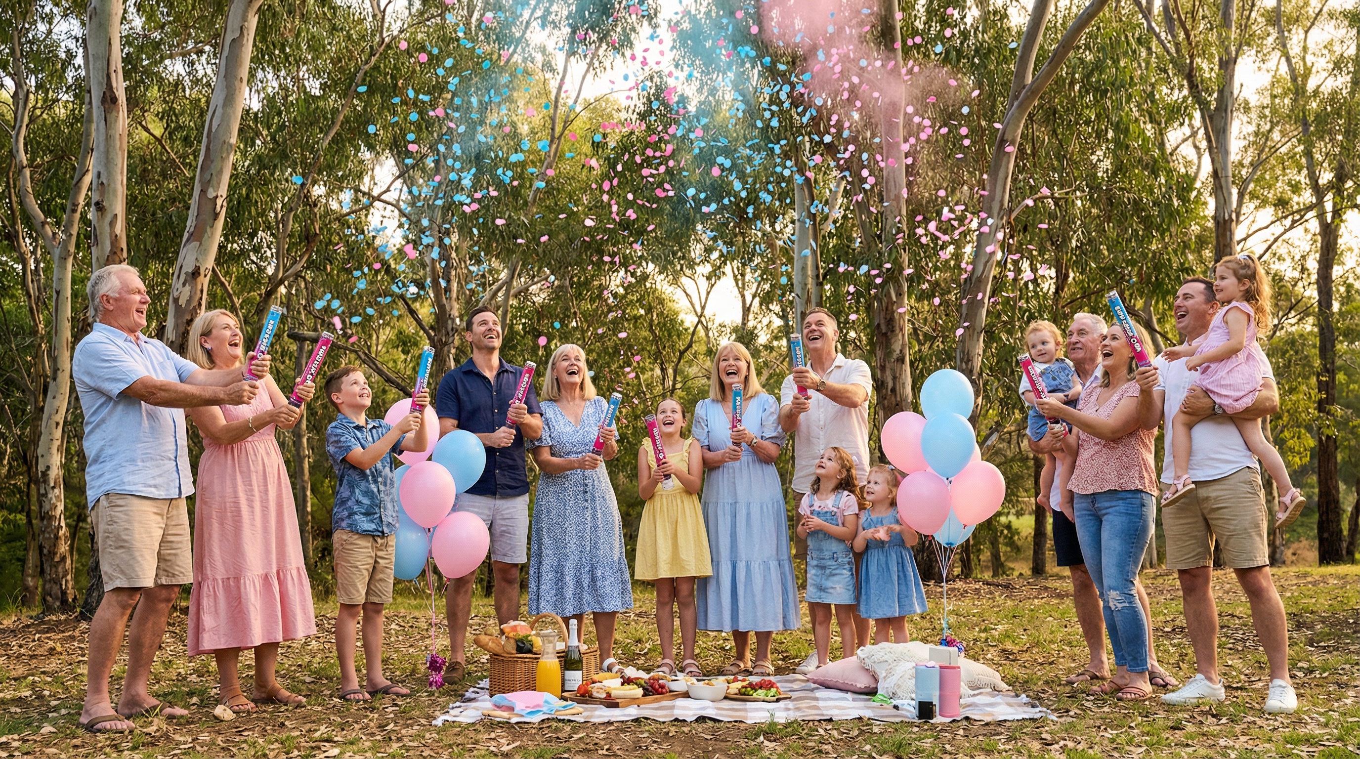 Australian family using bio-cannon confetti cannons for gender reveal in park setting