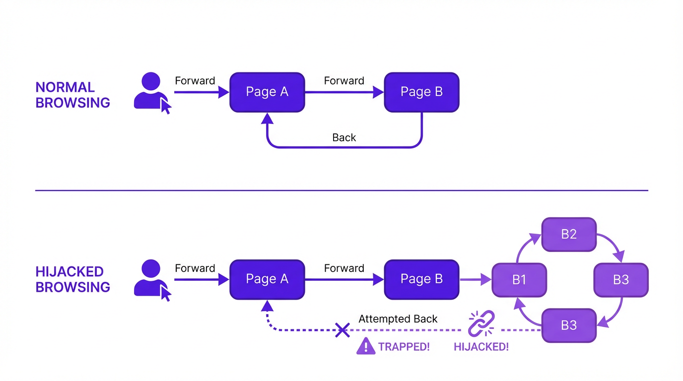A diagram explaining how back button hijacking works by manipulating browser history.