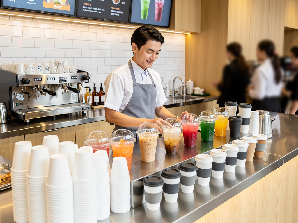A modern café counter with a barista serving customers using various sizes and types of plastic cups