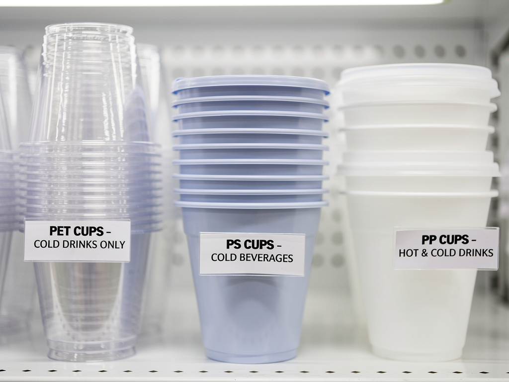 A close-up display of different types of plastic cups arranged neatly on a shelf