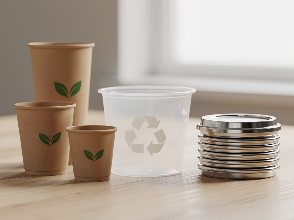 An eco-friendly concept image showing biodegradable and recyclable plastic cups alongside kraft paper cups and aluminum lids