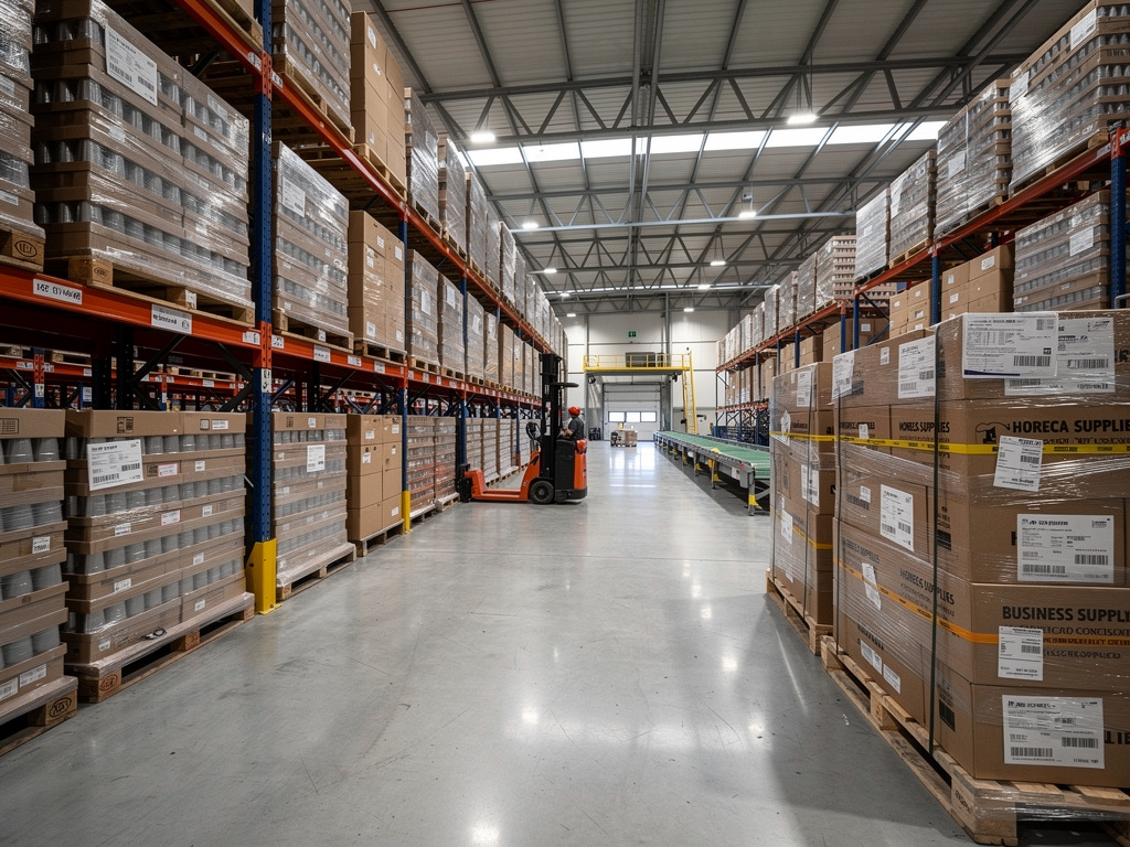 A logistics warehouse scene with stacks of boxed plastic cups ready for shipment