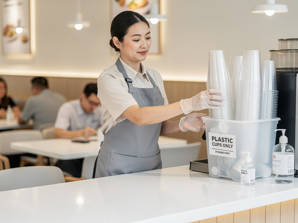 Modern restoran veya kafe ortamında tek kullanımlık plastik bardak kullanımı