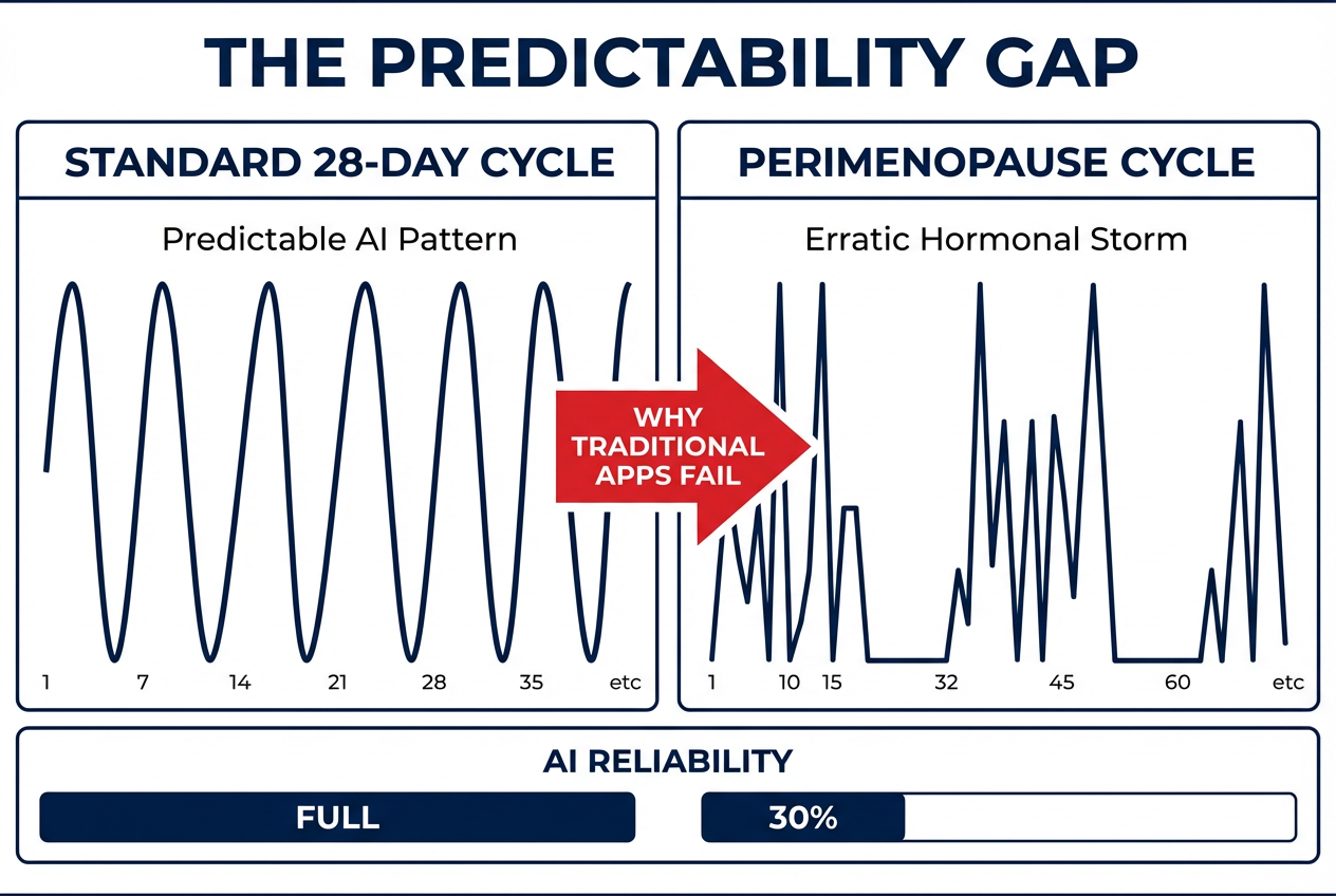 Comparison chart showing a stable 28-day menstrual cycle versus a chaotic perimenopause cycle to explain why AI apps struggle with accuracy.