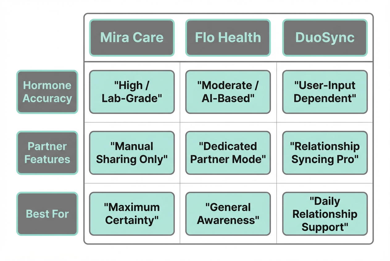 A comparison matrix evaluating Mira, Flo, and DuoSync based on hormone accuracy, partner features, and their best use cases for perimenopause.