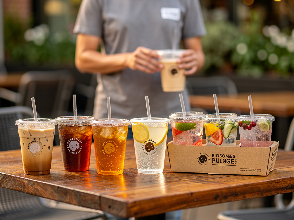 Dış mekan paket servis plastik bardaklar, kapaklı, içeceklerle dolu