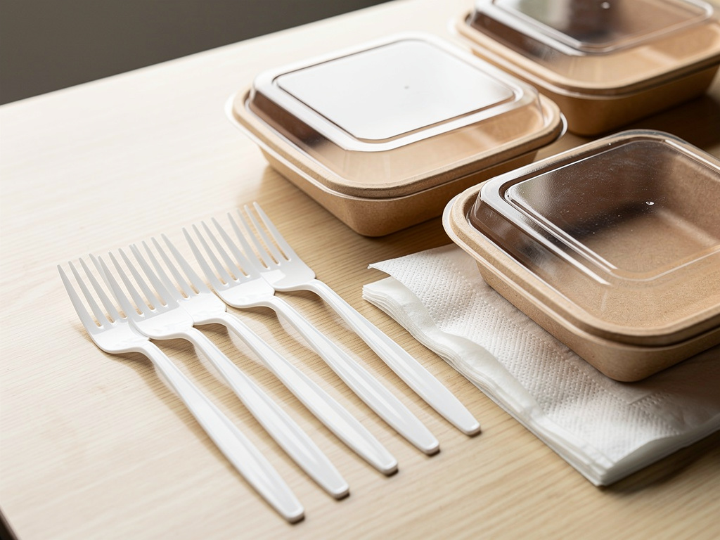 Modern restoranda tek kullanımlık plastik çatallar ve çevre dostu paketleme