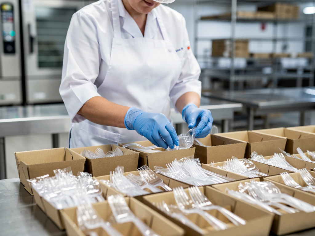Hijyenik, tek tek paketlenmiş plastik çatalları hazırlayan profesyonel gıda servisi çalışanı