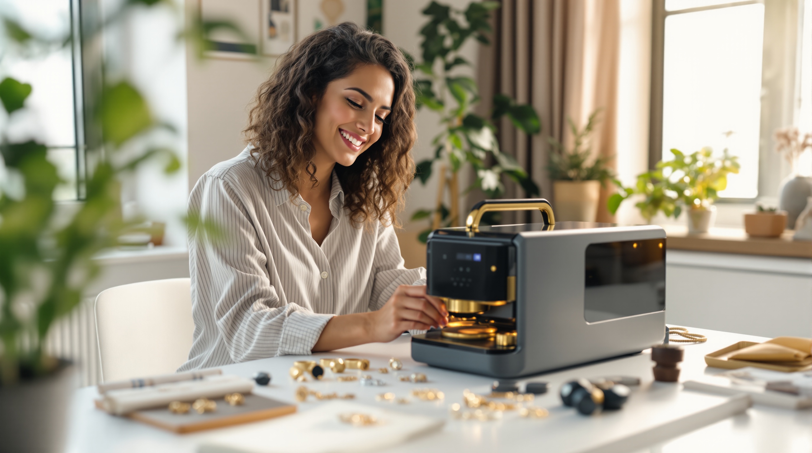 Empreendedora brasileira produzindo bijuterias em casa com a Cajol Compacta