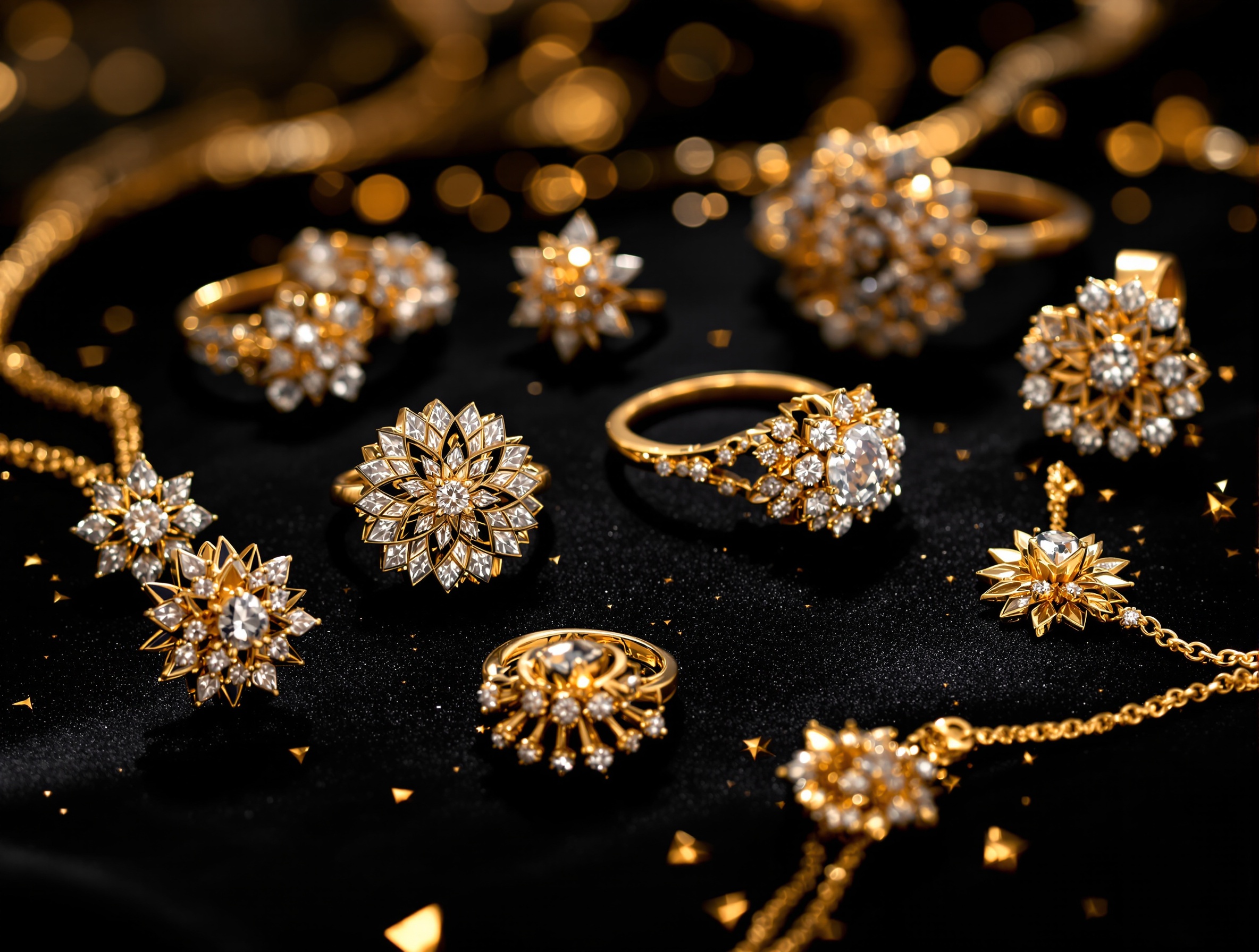 Coleção de bijuterias produzidas com máquinas Cajol — brincos, anéis e pingentes em zamak dourado