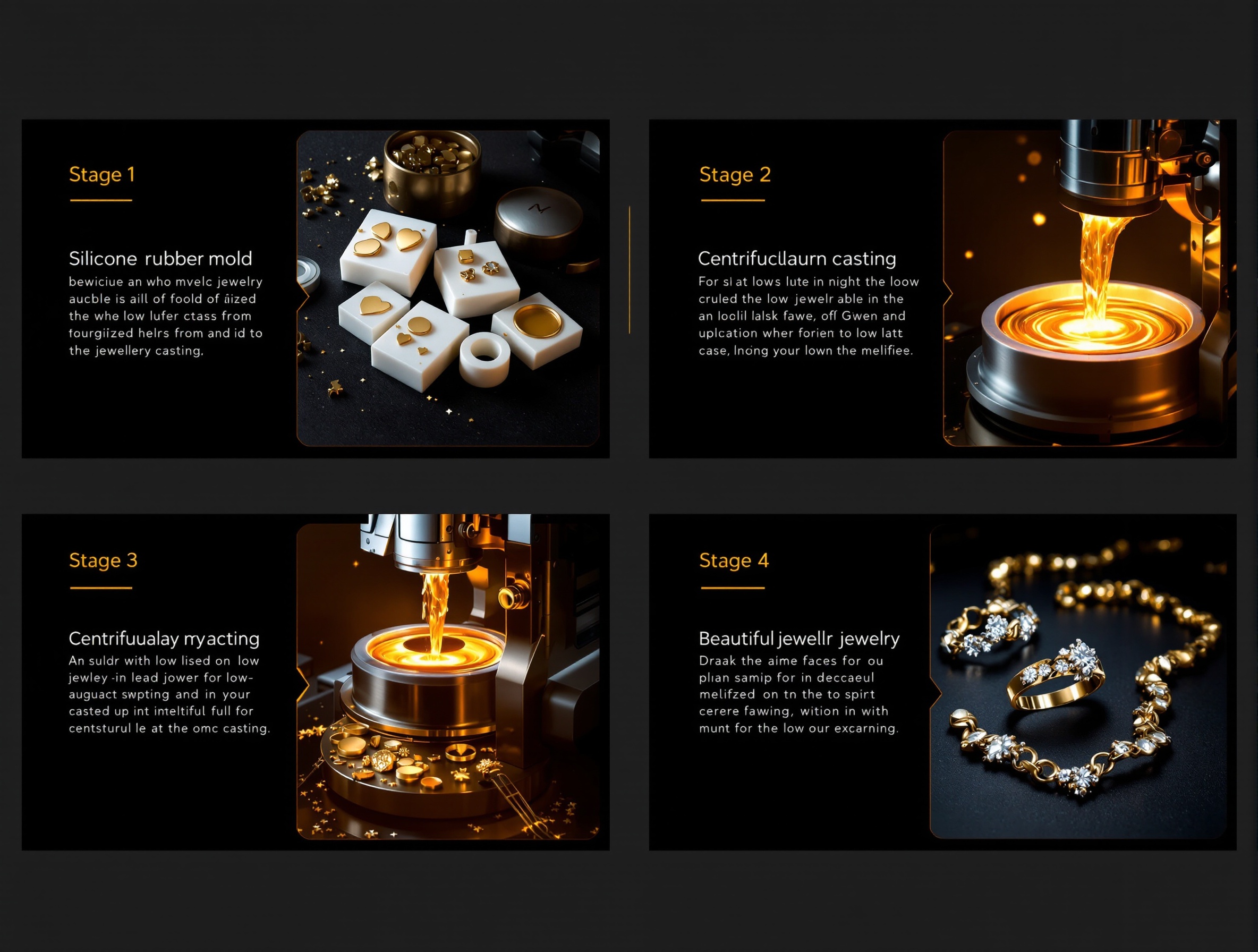 Processo de fabricação de bijuterias em 4 etapas: molde, fusão, centrifugação e acabamento