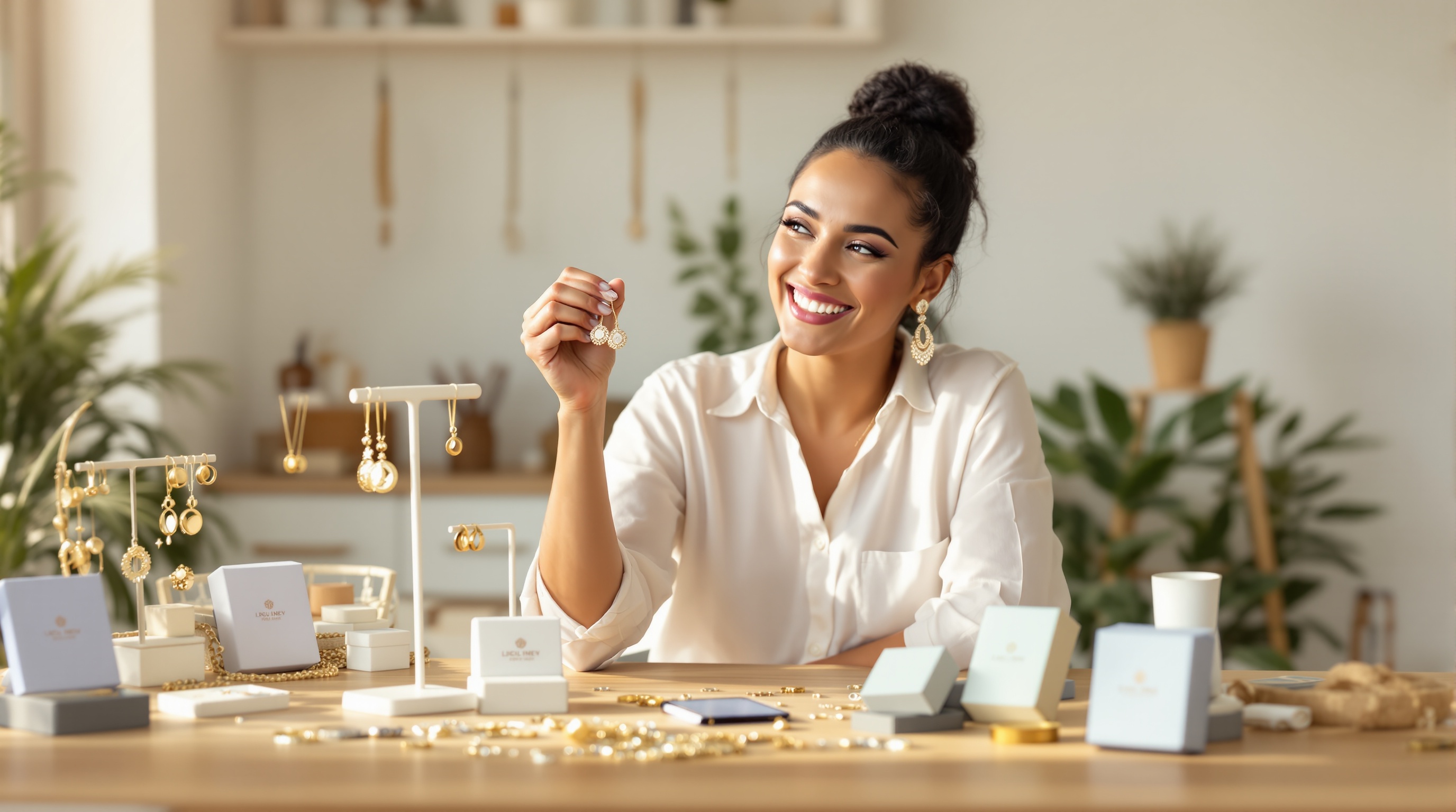 Empreendedora examinando bijuterias produzidas em casa — negócio de sucesso com Cajol