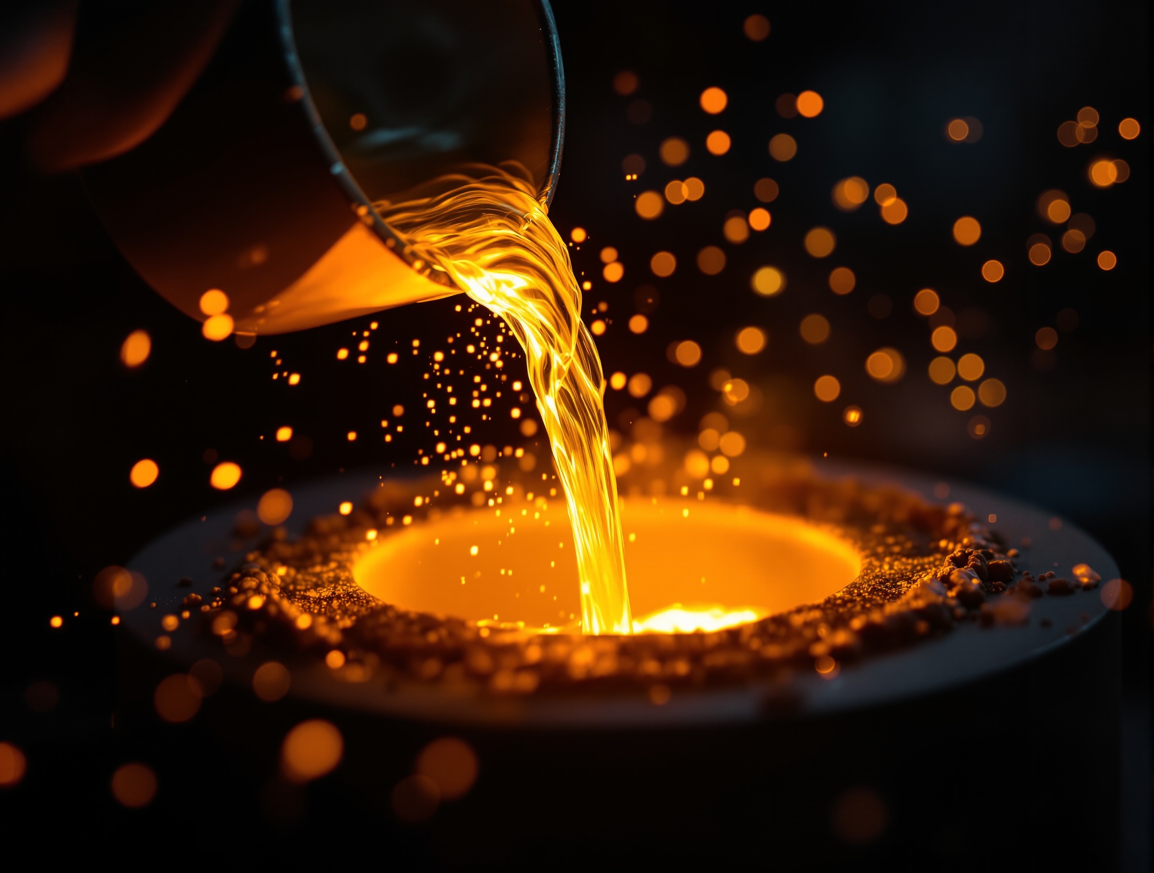 Metal líquido dourado sendo despejado em molde — processo de fundição centrífuga Cajol