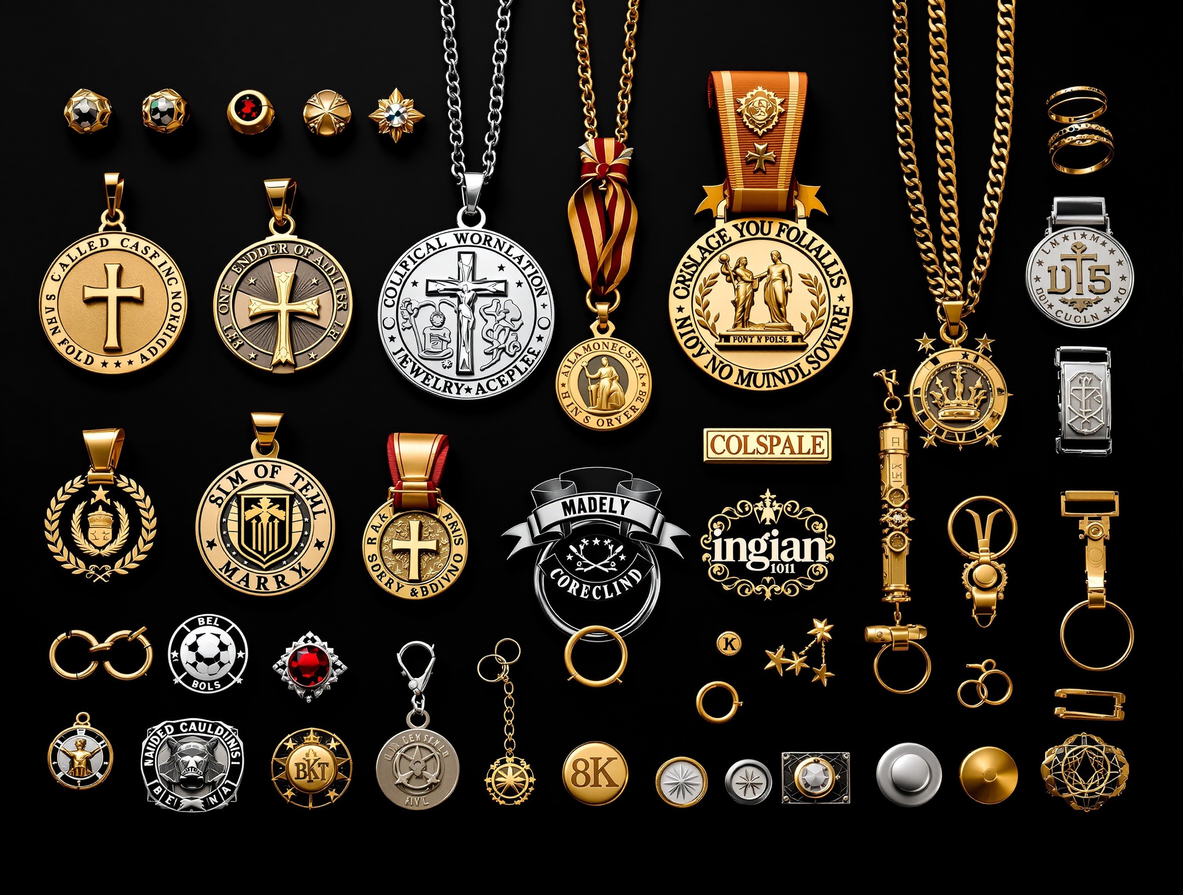 Diversidade de produtos fabricados com máquinas Cajol — bijuterias, medalhas, pins e artigos religiosos