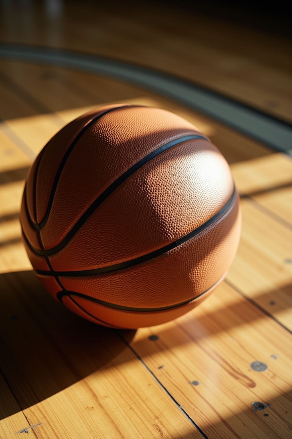 Vintage basketball resting on hardwood court floor