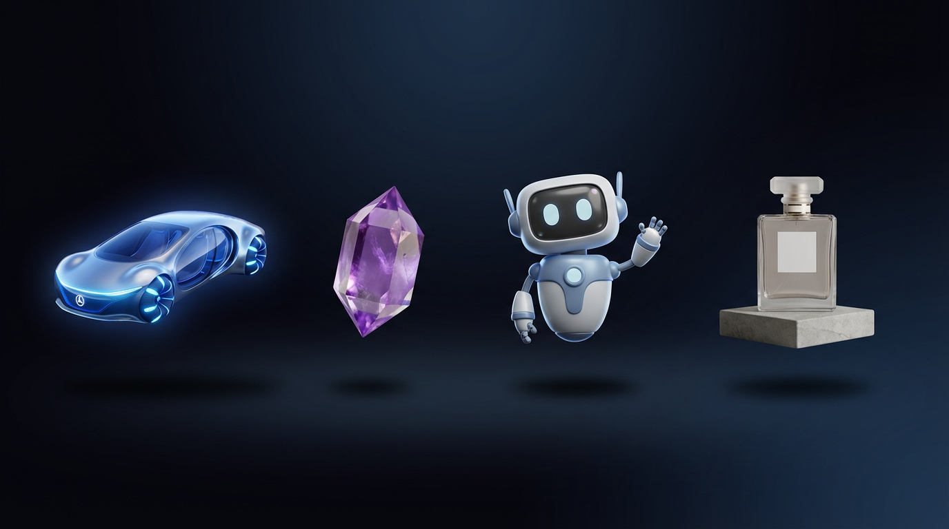 Collection of AI-generated 3D renders including a futuristic car, crystal gemstone, 3D cartoon character, and photorealistic product mockup on dark gradient background