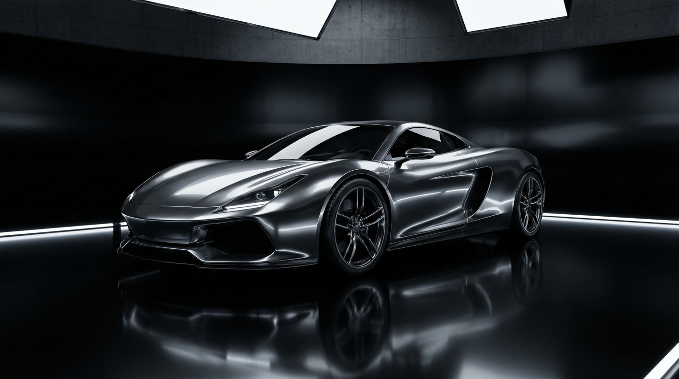 Photorealistic 3D render of a futuristic sports car with metallic chrome finish, dramatic studio lighting and reflections