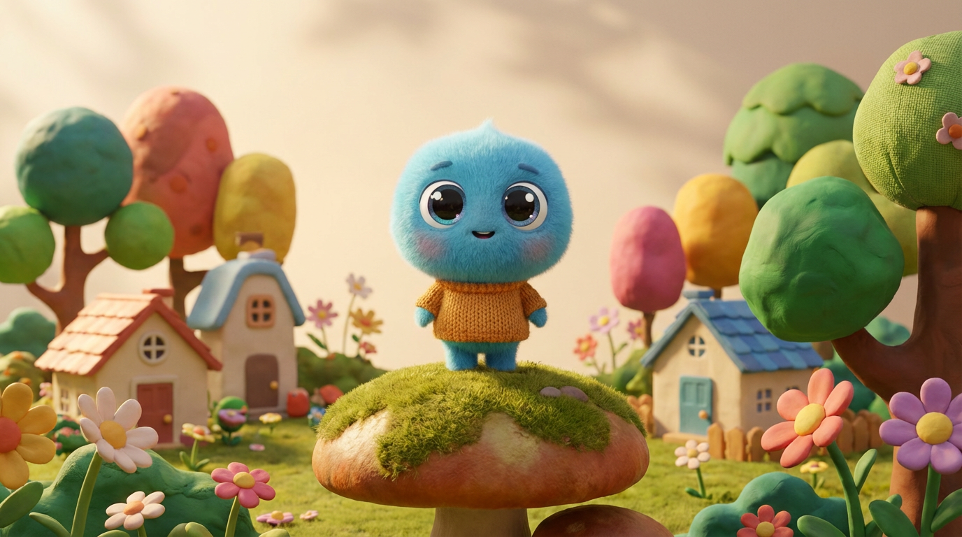 Cute stylized 3D cartoon character with big expressive eyes in a colorful miniature world, Pixar-style rendering
