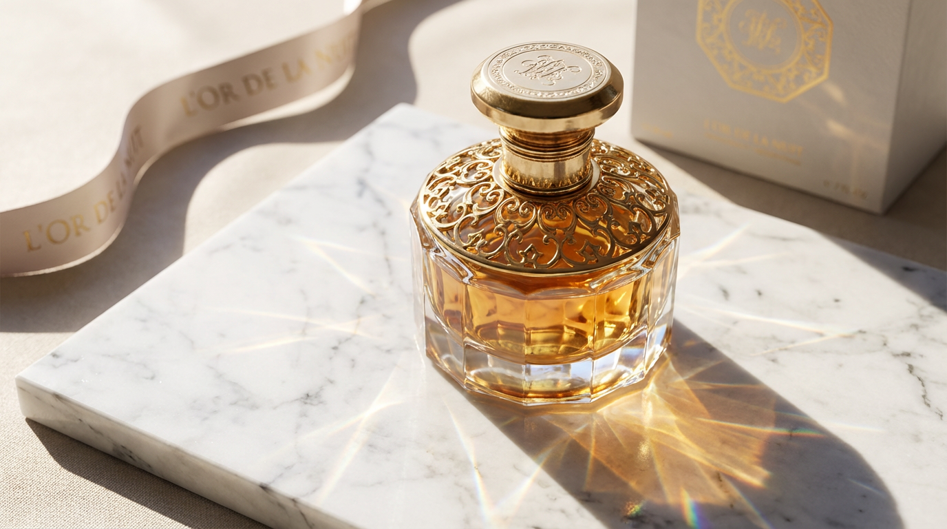 Photorealistic 3D product visualization of luxury perfume bottle with gold accents on marble surface