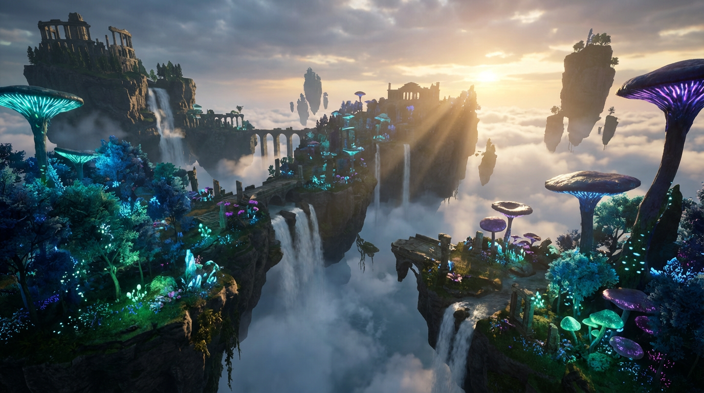 Epic 3D fantasy landscape with floating islands, waterfalls cascading into clouds, bioluminescent vegetation