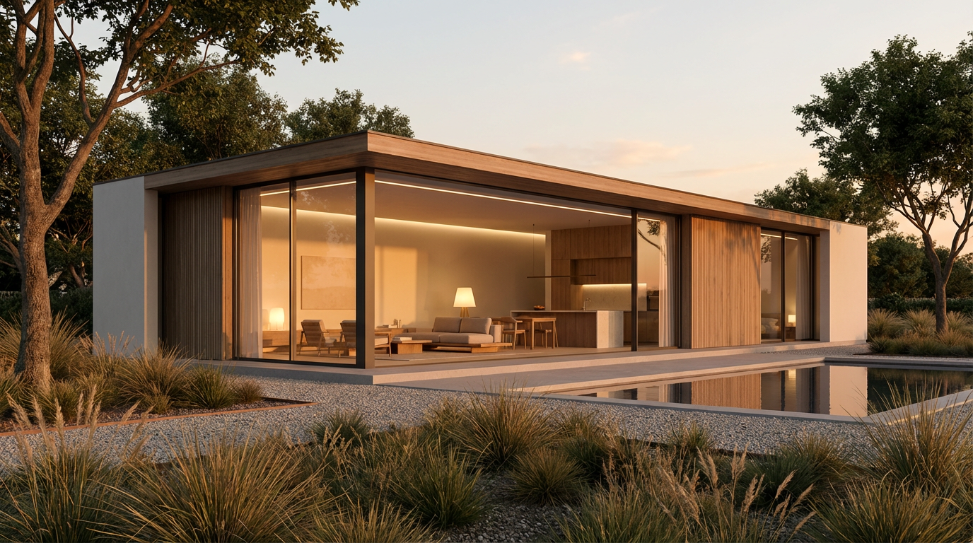 3D architectural visualization of modern minimalist house with floor-to-ceiling windows at golden hour
