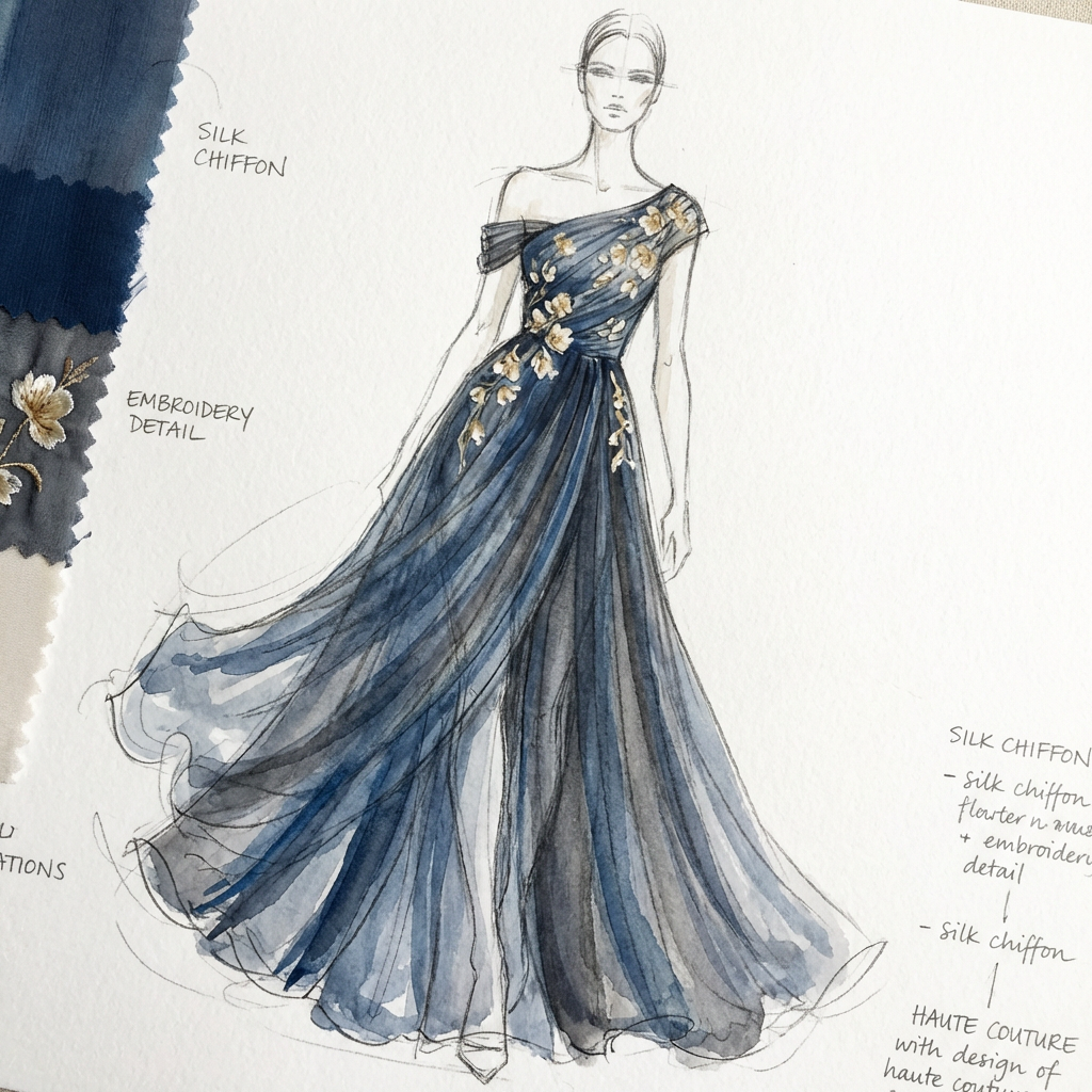 Elegant evening gown fashion design sketch with flowing silk fabric, haute couture illustration