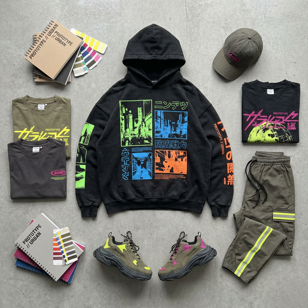 Modern streetwear collection design with oversized hoodie and bold graphic prints, urban fashion concept