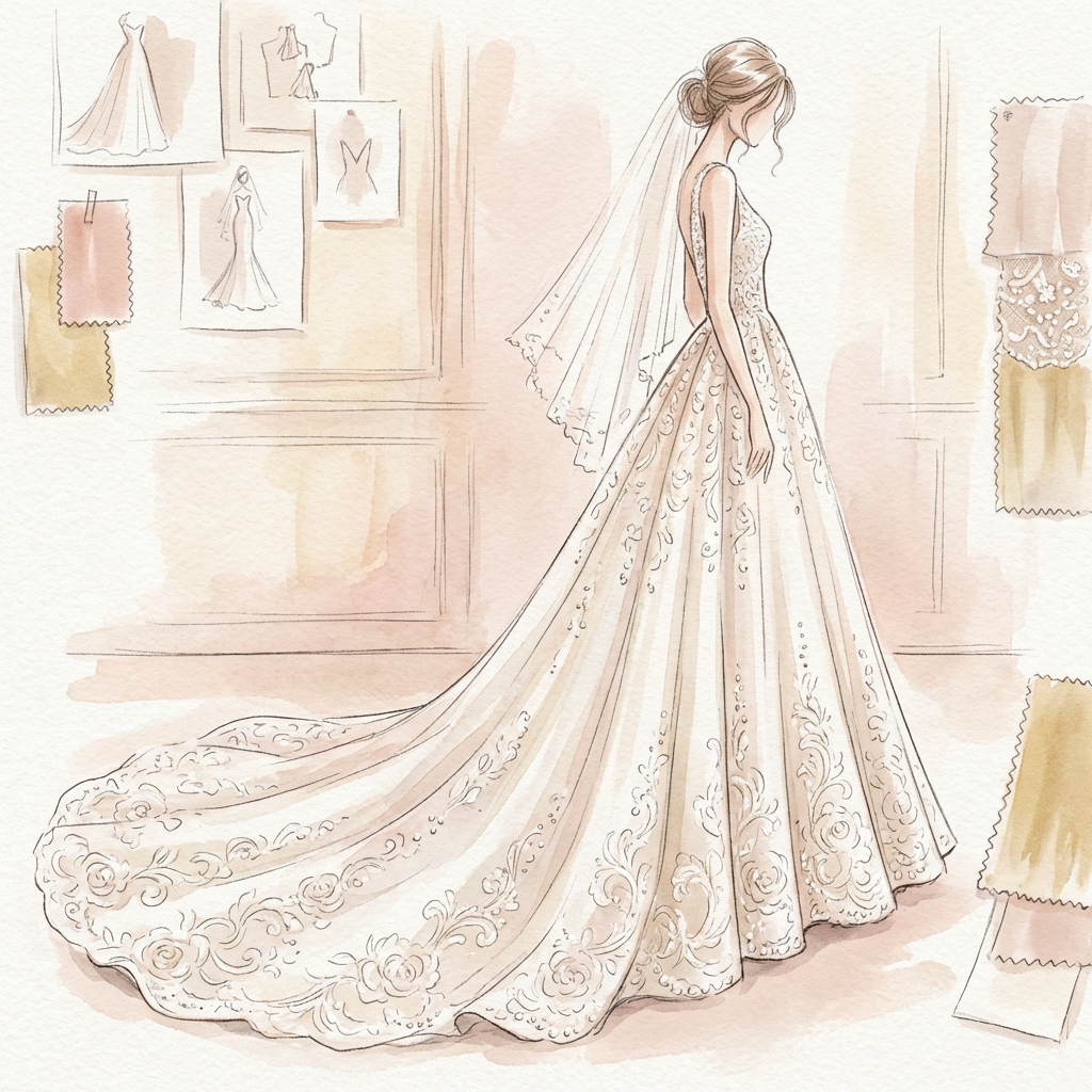 Luxury bridal dress design with intricate lace details and long train, romantic wedding fashion