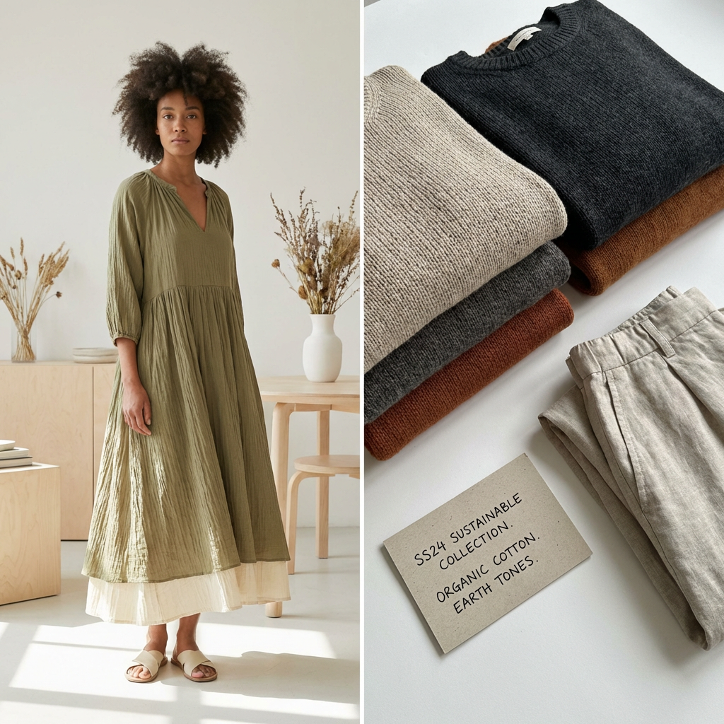 Sustainable eco-fashion collection with organic cotton, minimalist Scandinavian design aesthetic