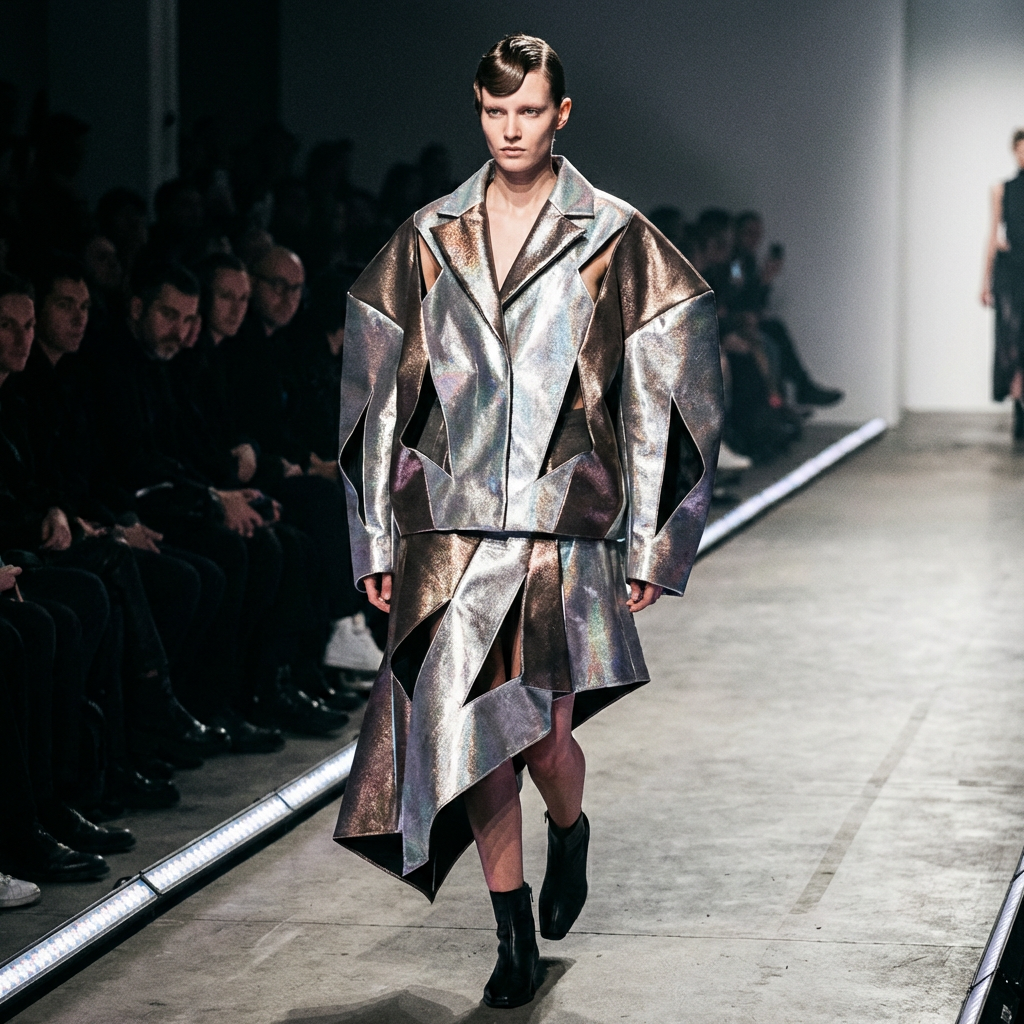 Futuristic avant-garde fashion design with geometric cutouts and metallic fabrics, high fashion runway