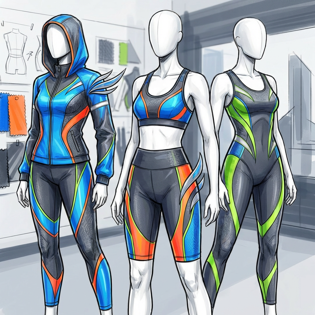 Athletic sportswear collection design with aerodynamic lines, modern activewear fashion illustration