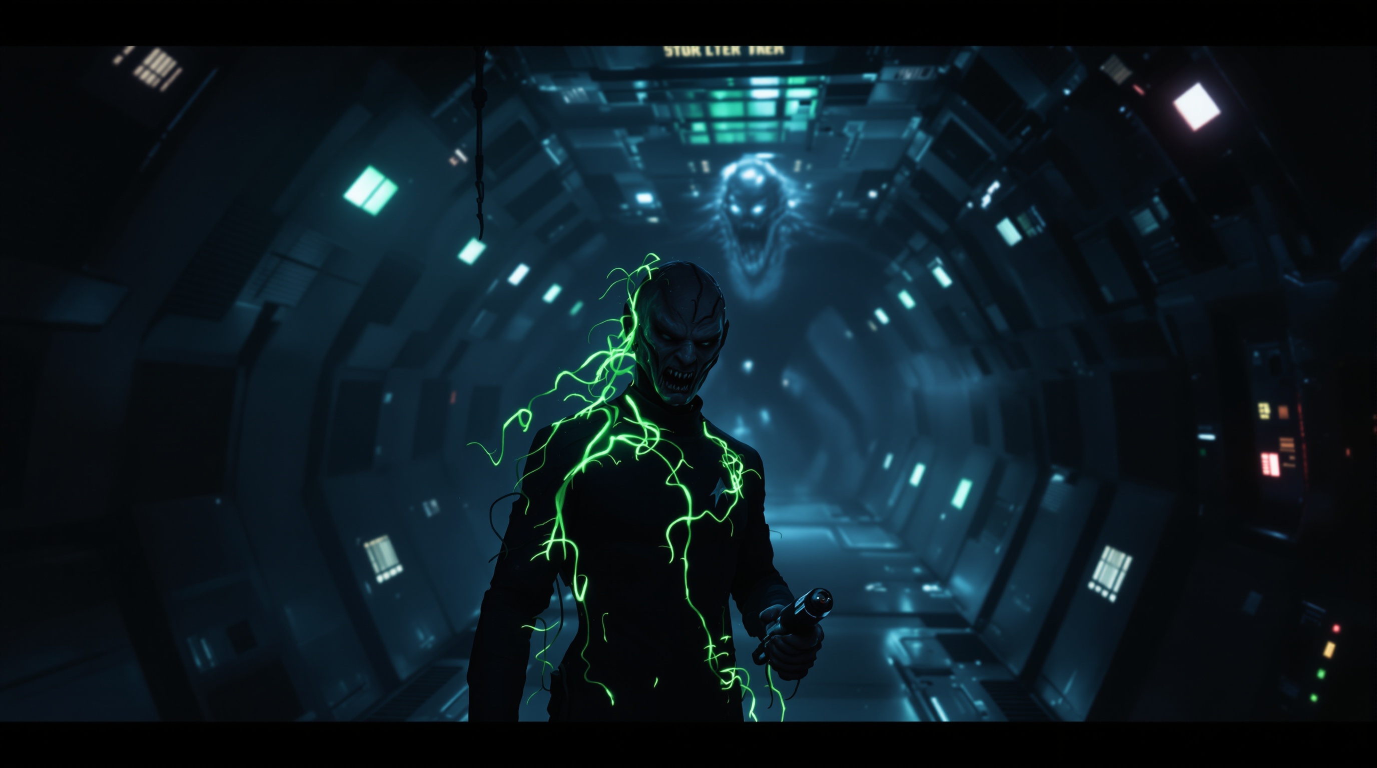 Un pasillo oscuro y aterrador dentro de la nave en Star Trek: Infection.