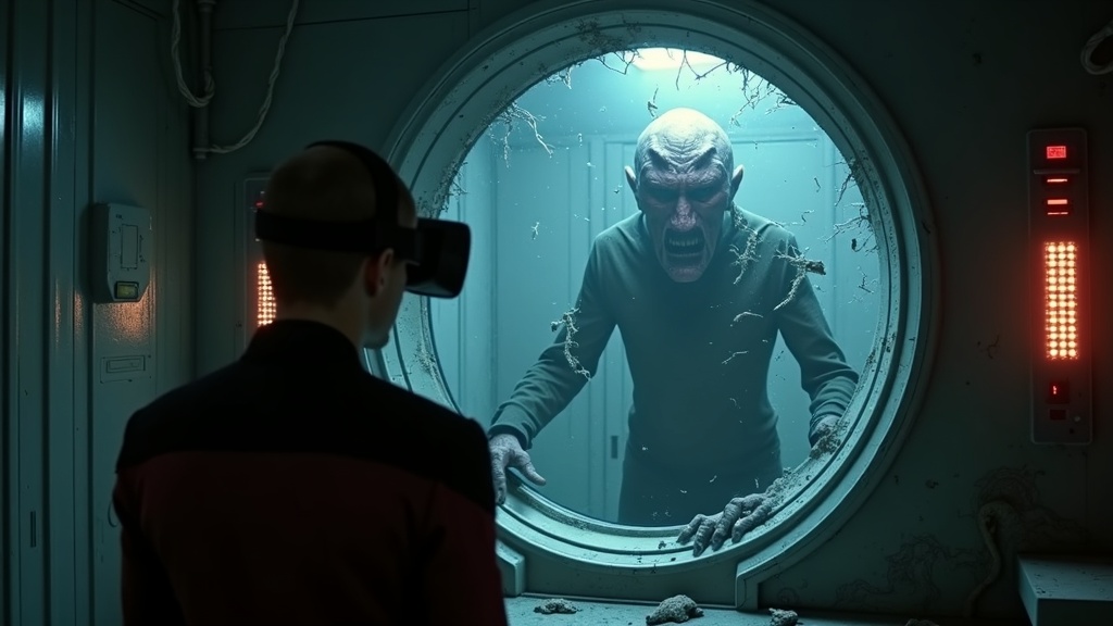 Un oficial vulcano usando el Tricorder para analizar el entorno en Star Trek: Infection.