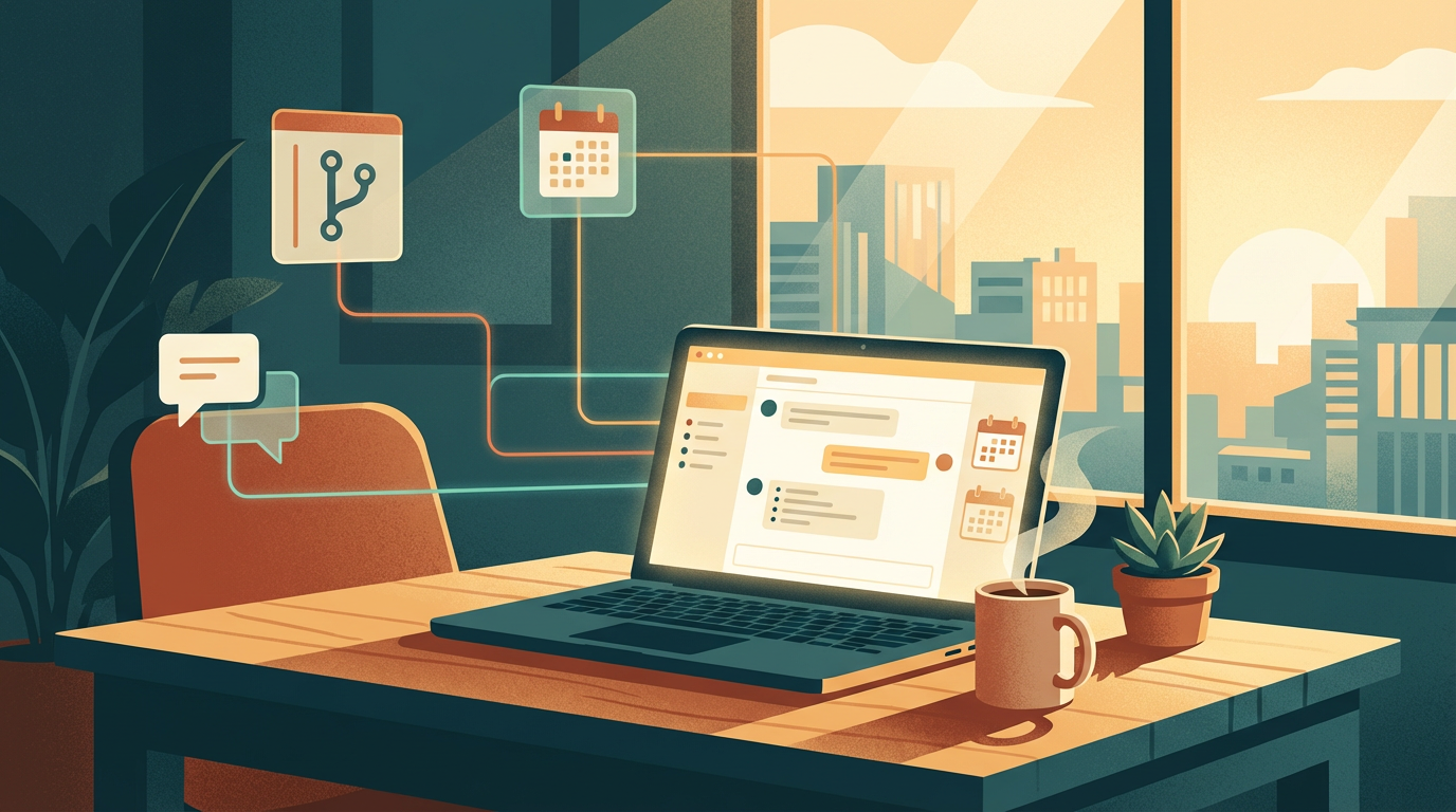 A developer's calm morning workspace at sunrise with a laptop showing a Slack-style brief