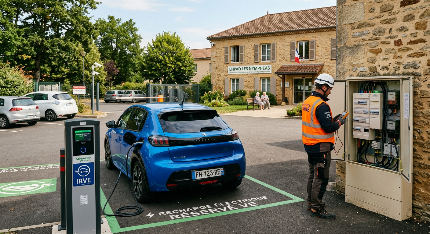 Borne de recharge électrique IRVE en fonctionnement dans un parking sécurisé devant une maison de retraite avec un installateur observant le tableau électrique.