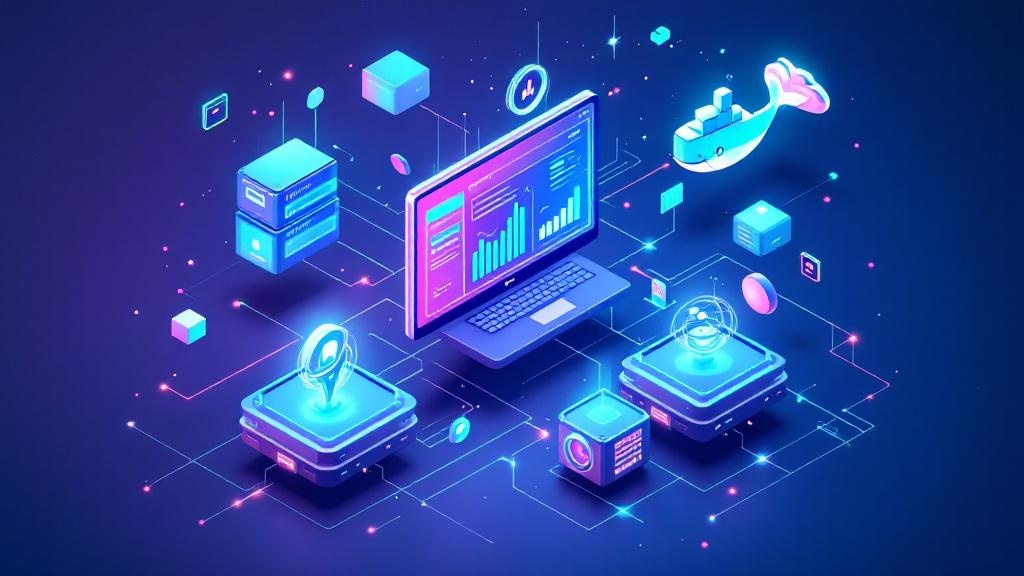 Docker container icons over a home server setup, illustrating best Docker images for self-hosted home servers