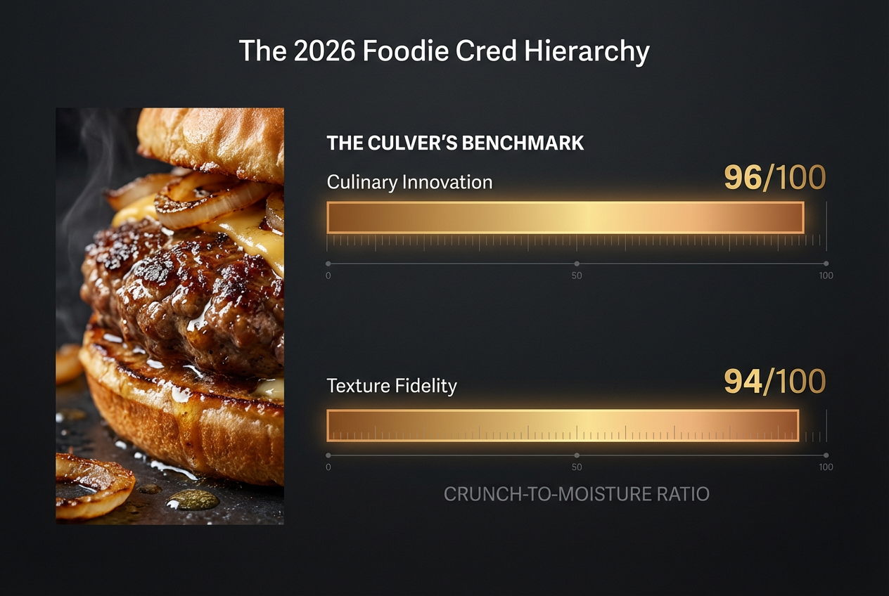 A professional data chart ranking fast food items by culinary innovation and texture fidelity scores, featuring a Culver's ButterBurger comparison.
