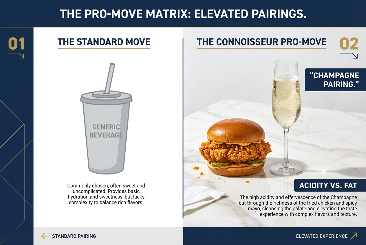 A sophisticated comparison matrix showing a Popeyes chicken sandwich paired with a glass of champagne, highlighting high-end fast food hacks.