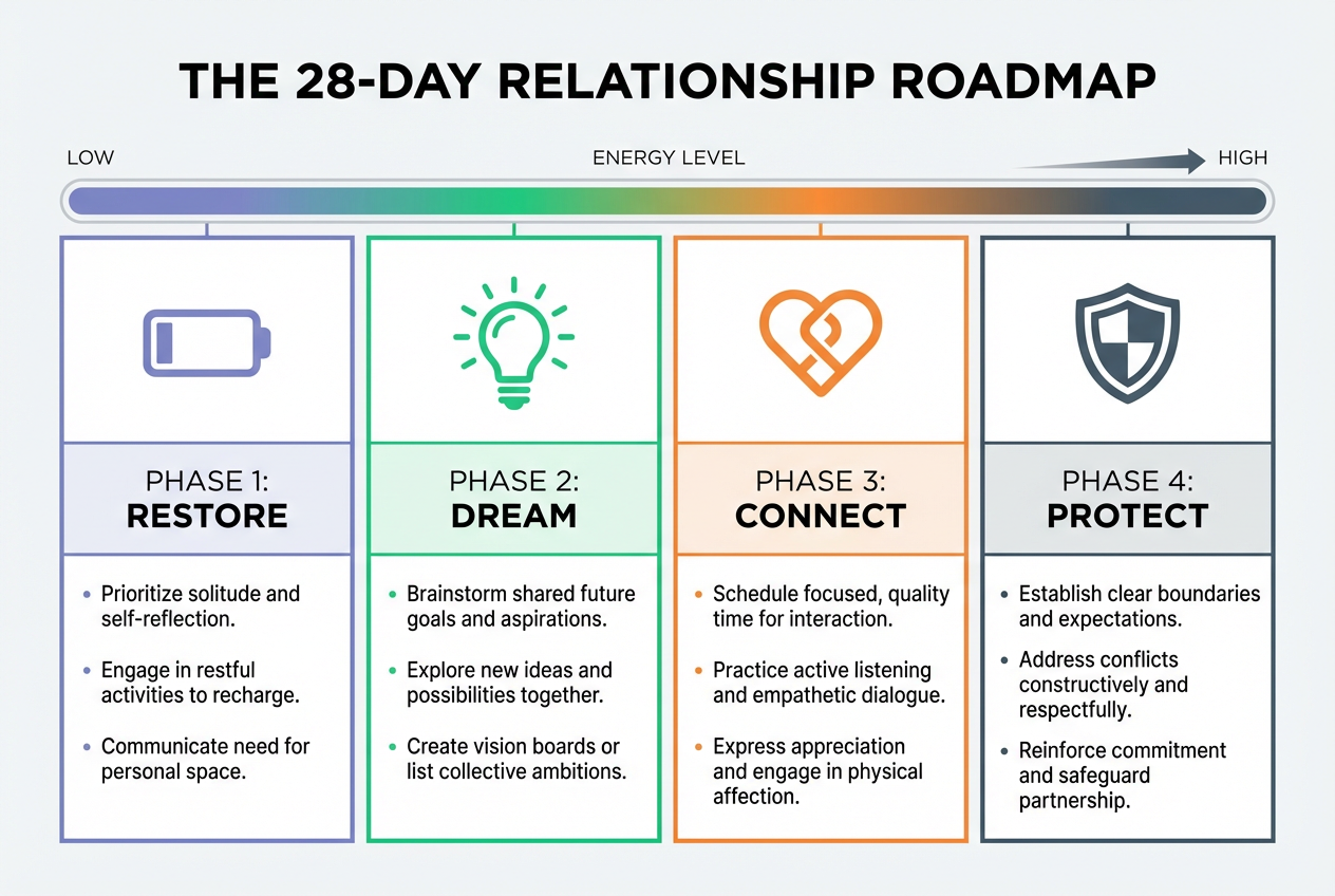 Infographic of the 28-Day Relationship Roadmap showing four phases: Restore, Dream, Connect, and Protect with actionable support steps for partners.
